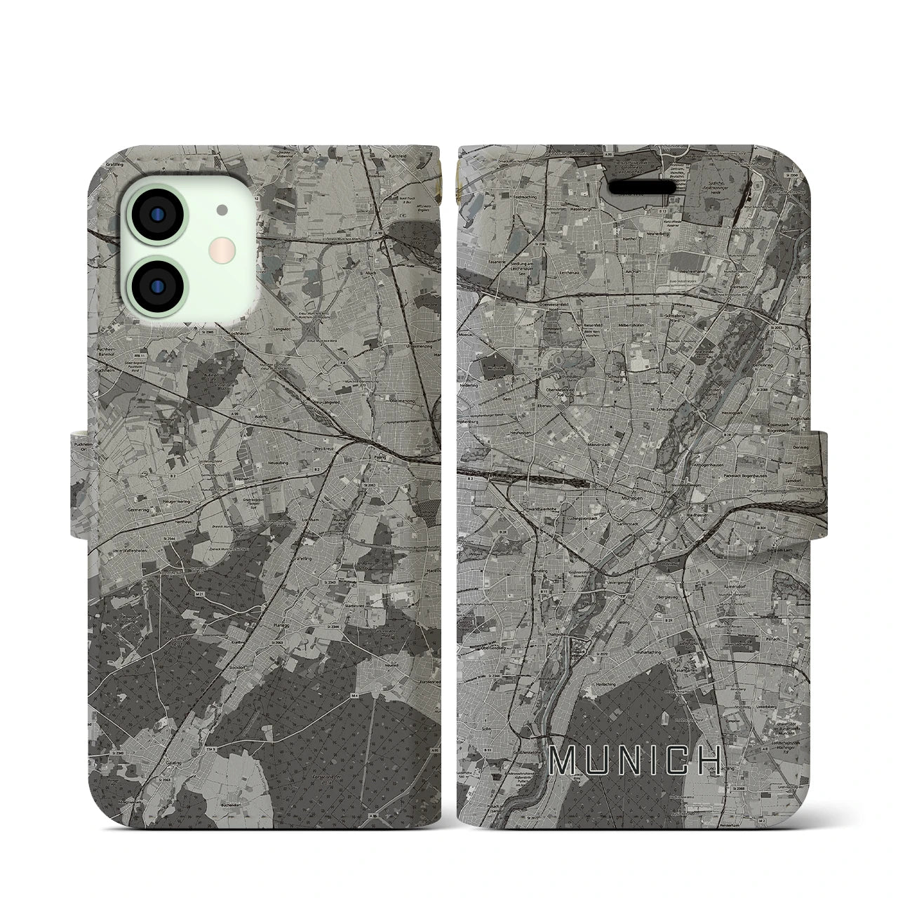 【ミュンヘン(ドイツ)】地図柄iPhoneケース(手帳タイプ)モノトーン・iPhone 12 mini 用
