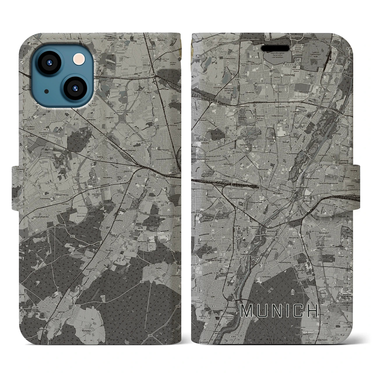 【ミュンヘン(ドイツ)】地図柄iPhoneケース(手帳タイプ)モノトーン・iPhone 13 用