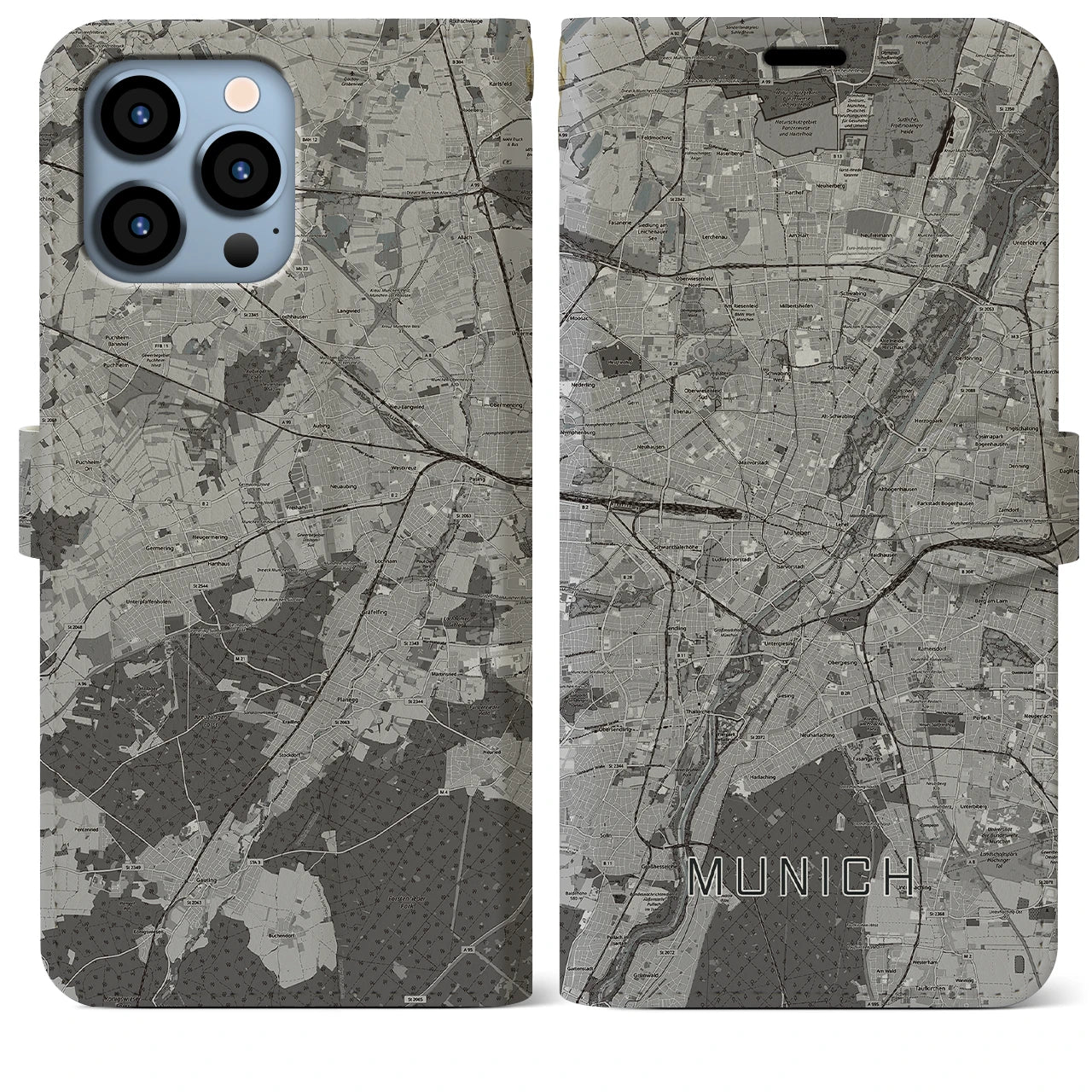 【ミュンヘン(ドイツ)】地図柄iPhoneケース(手帳タイプ)モノトーン・iPhone 13 Pro Max 用