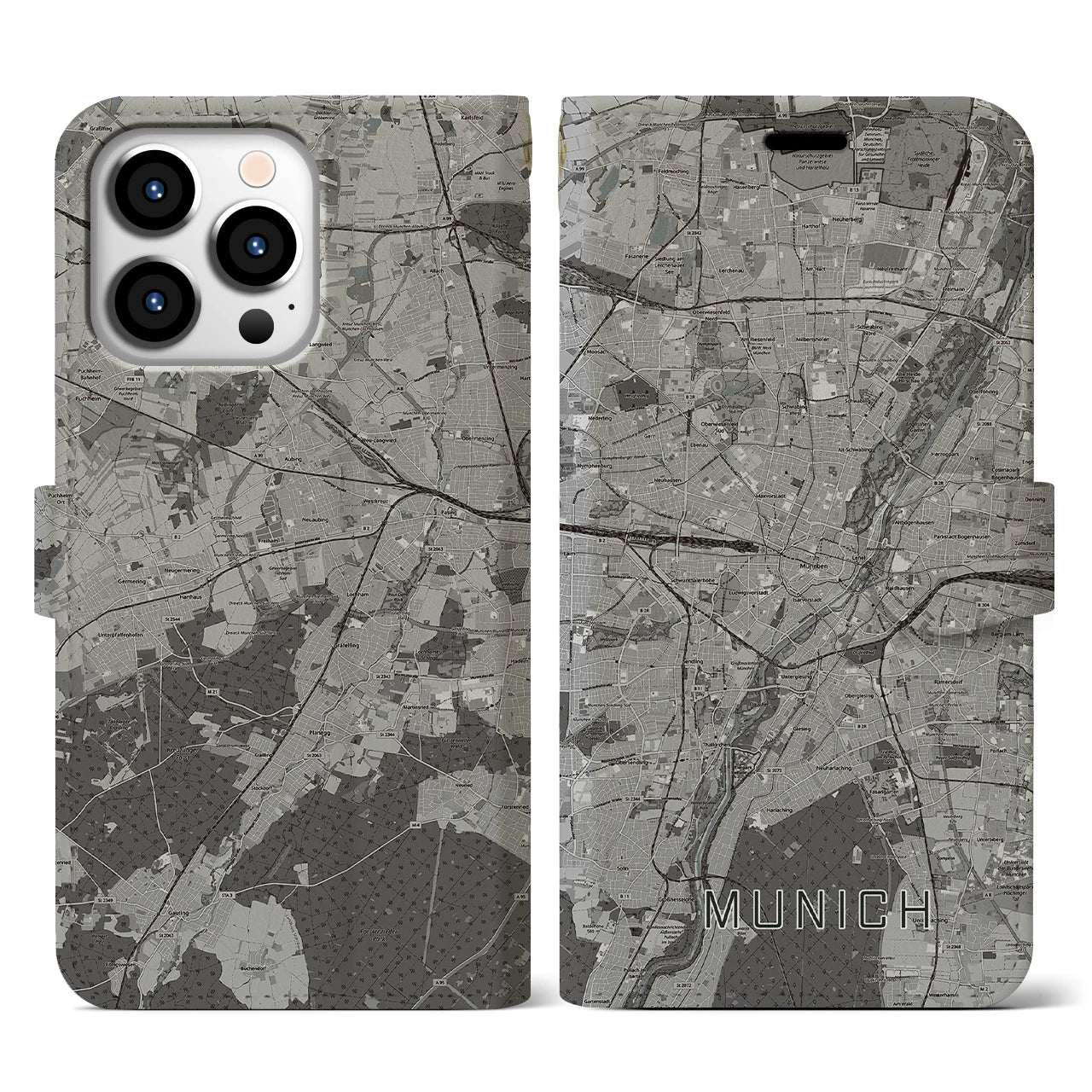 【ミュンヘン(ドイツ)】地図柄iPhoneケース(手帳タイプ)モノトーン・iPhone 13 Pro 用