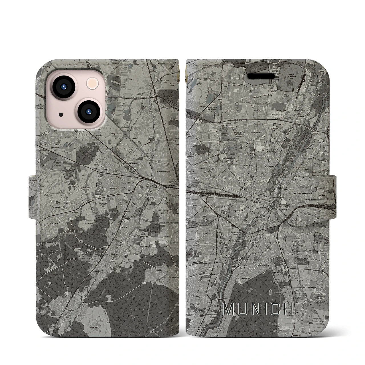 【ミュンヘン(ドイツ)】地図柄iPhoneケース(手帳タイプ)モノトーン・iPhone 13 mini 用