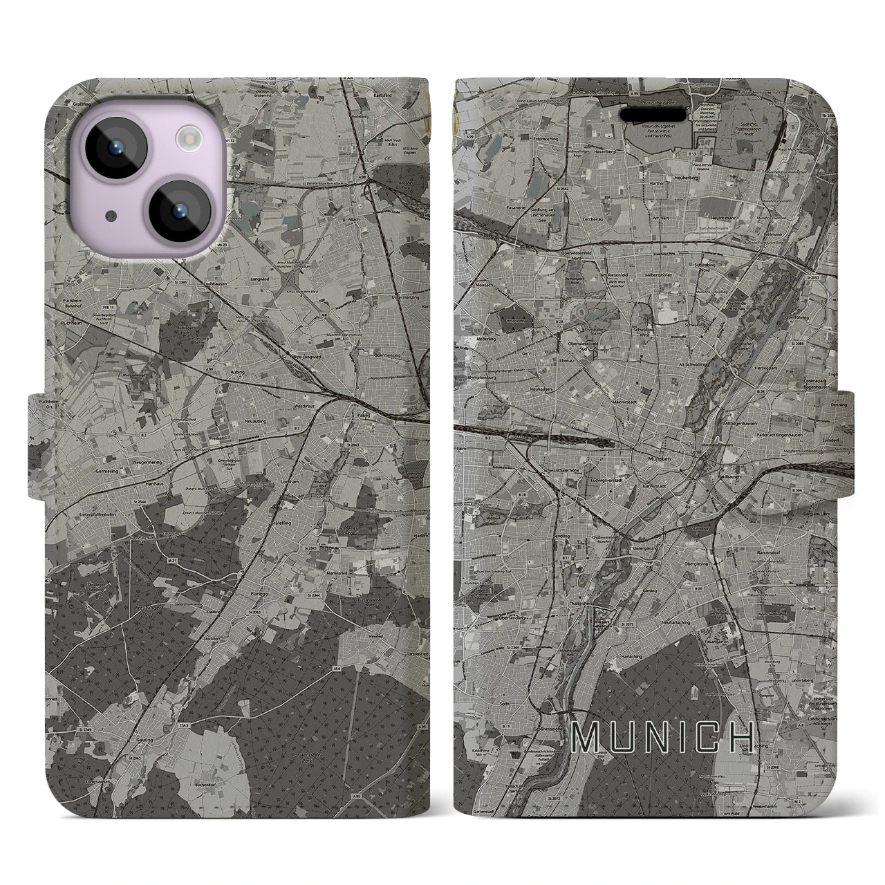 【ミュンヘン(ドイツ)】地図柄iPhoneケース(手帳タイプ)モノトーン・iPhone 14 用