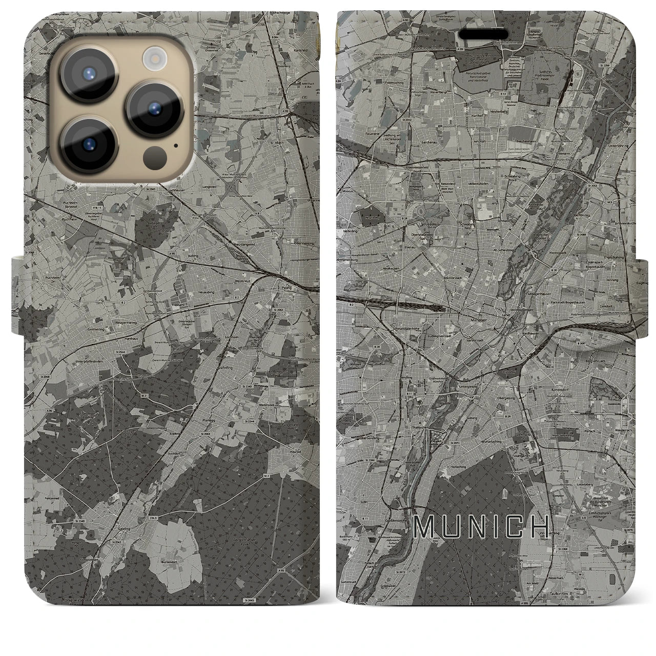 【ミュンヘン(ドイツ)】地図柄iPhoneケース(手帳タイプ)モノトーン・iPhone 14 Pro Max 用