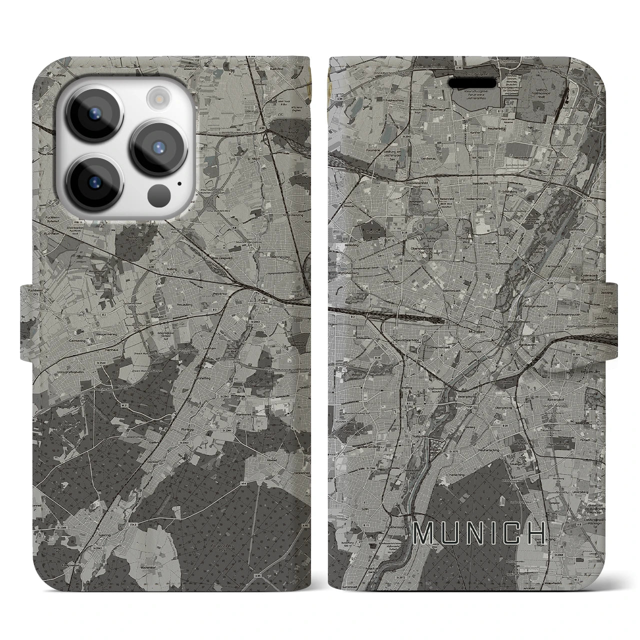 【ミュンヘン(ドイツ)】地図柄iPhoneケース(手帳タイプ)モノトーン・iPhone 14 Pro 用