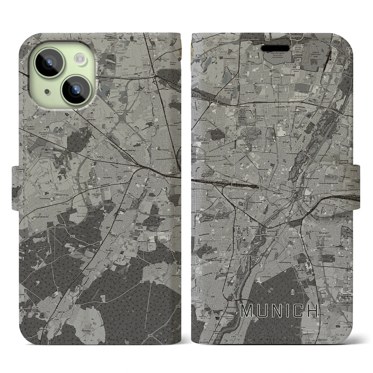 【ミュンヘン(ドイツ)】地図柄iPhoneケース(手帳タイプ)モノトーン・iPhone 15 用