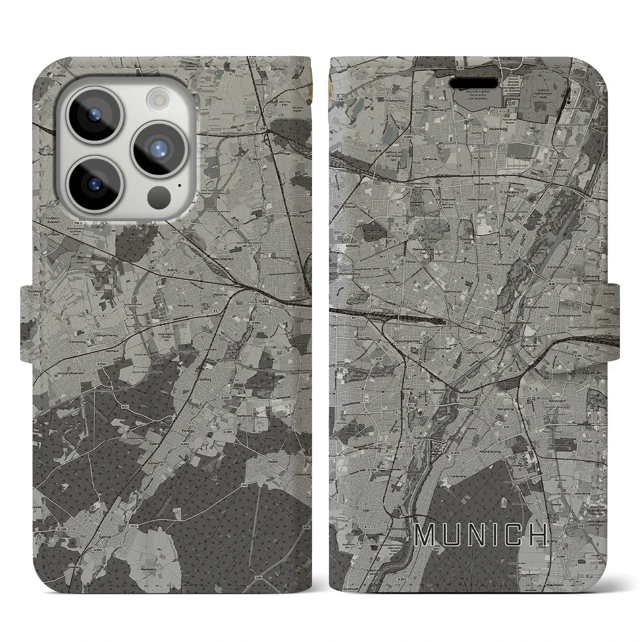 【ミュンヘン(ドイツ)】地図柄iPhoneケース(手帳タイプ)モノトーン・iPhone 15 Pro 用