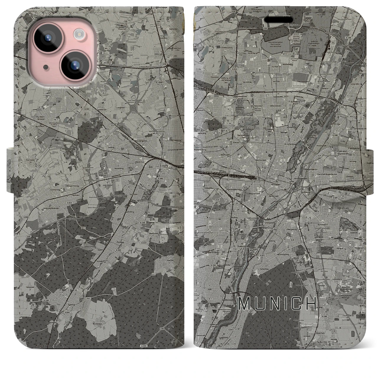【ミュンヘン(ドイツ)】地図柄iPhoneケース(手帳タイプ)モノトーン・iPhone 15 Plus 用