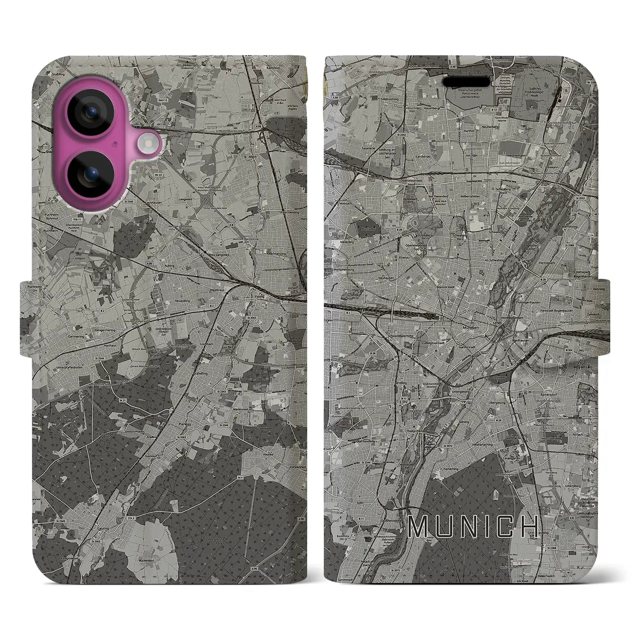 【ミュンヘン(ドイツ)】地図柄iPhoneケース(手帳タイプ)モノトーン・iPhone 16 Pro 用