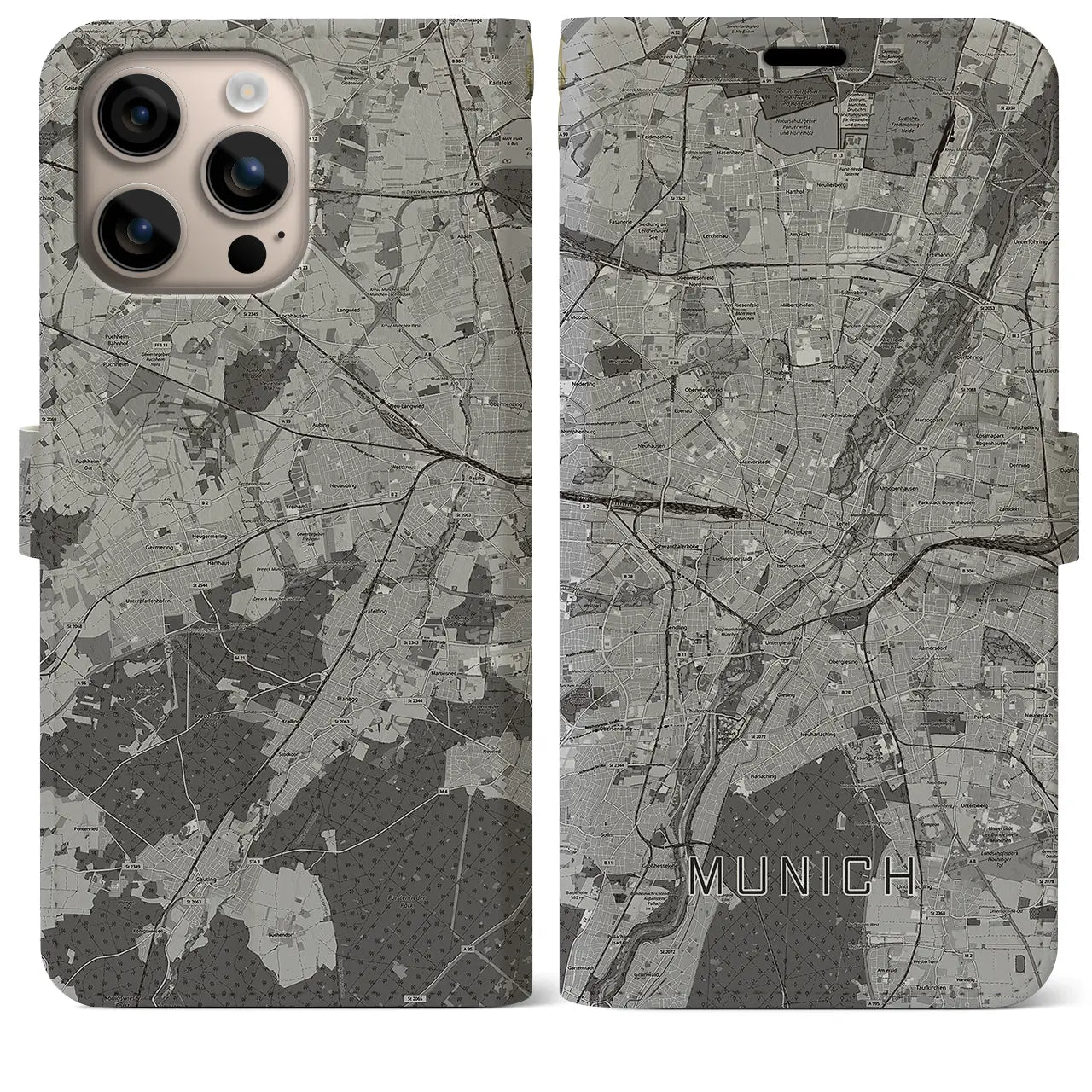 【ミュンヘン(ドイツ)】地図柄iPhoneケース(手帳タイプ)モノトーン・iPhone 16 Plus 用