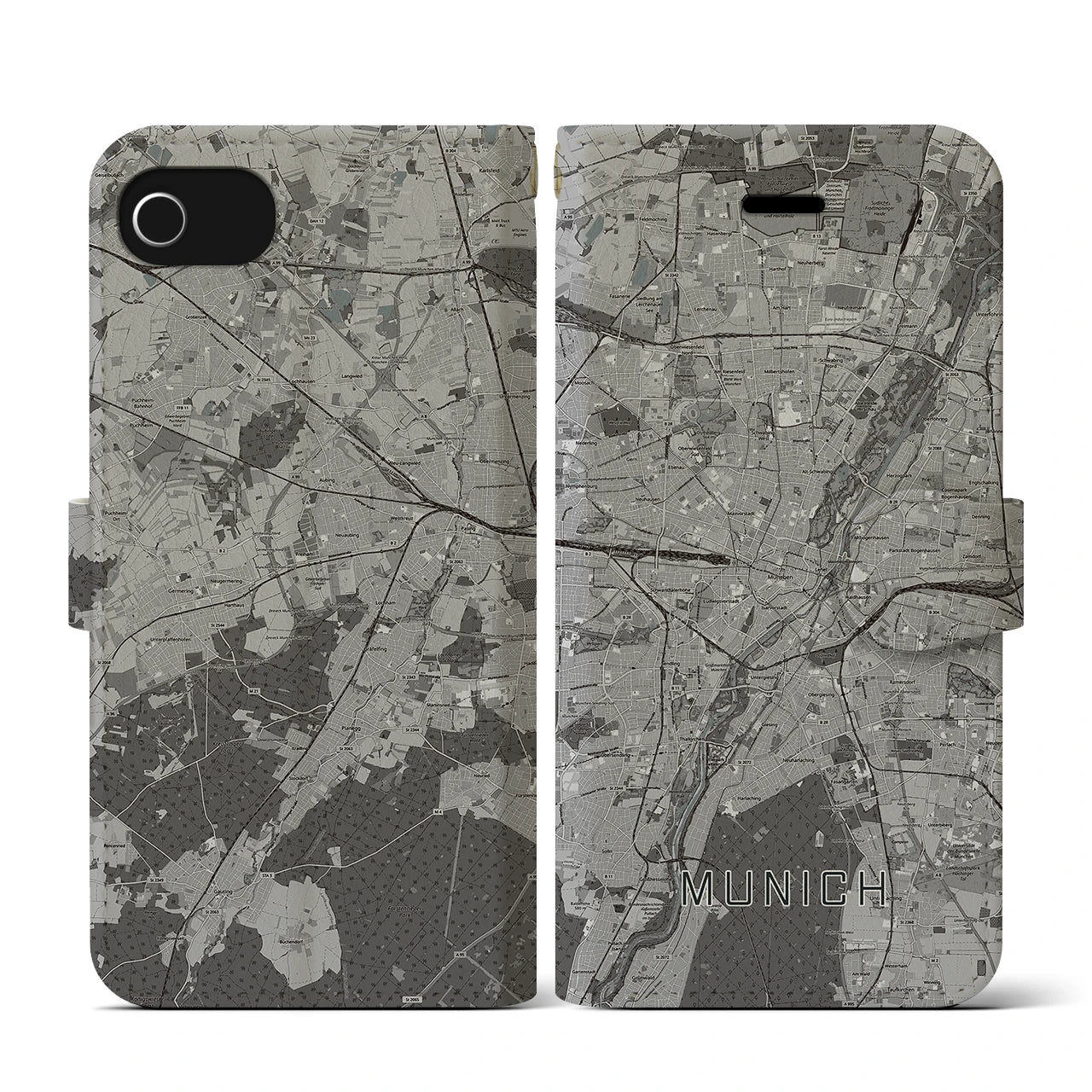 【ミュンヘン(ドイツ)】地図柄iPhoneケース(手帳タイプ)モノトーン・iPhone SE(第3 / 第2世代) / 8 / 7 / 6s / 6 用