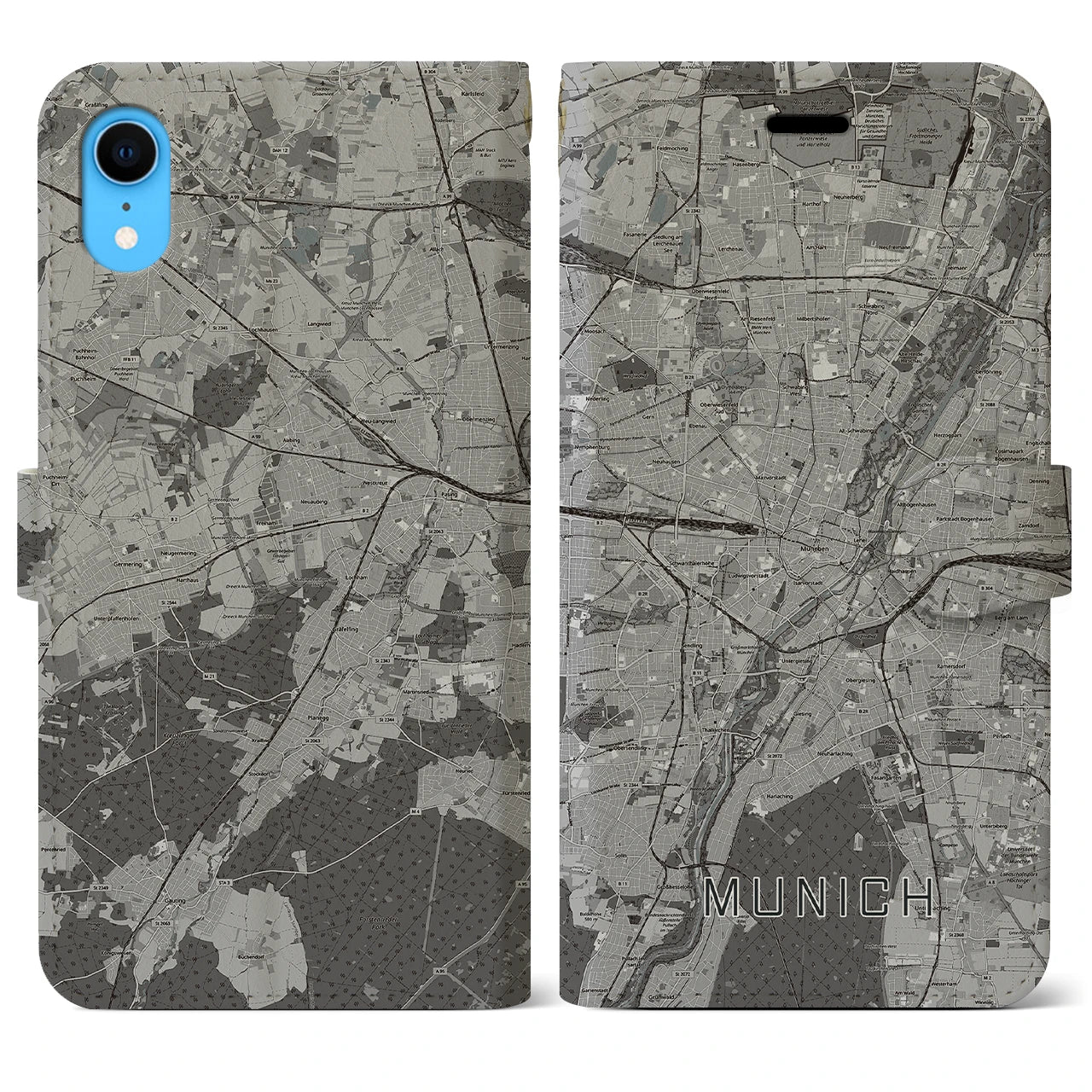 【ミュンヘン(ドイツ)】地図柄iPhoneケース(手帳タイプ)モノトーン・iPhone XR 用