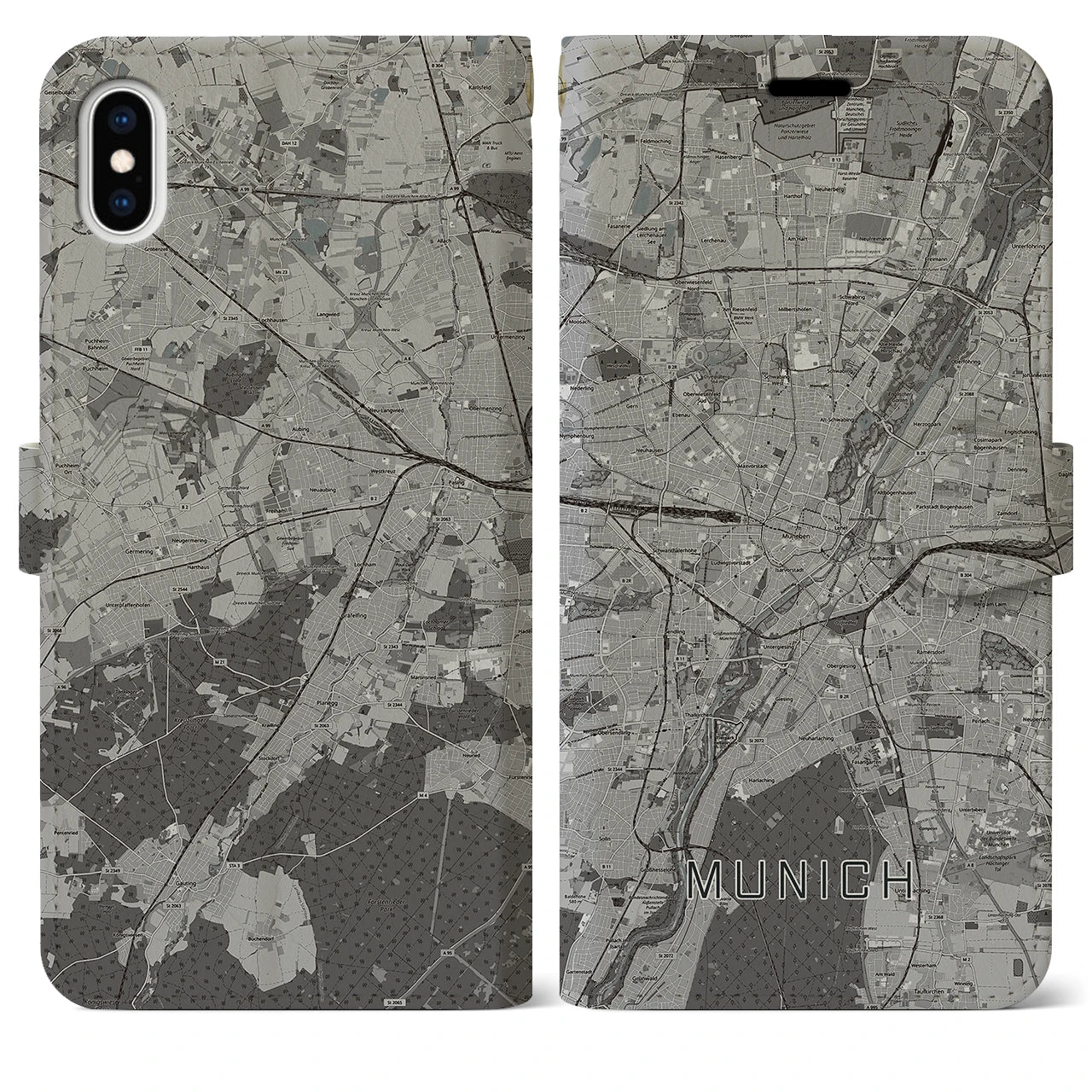 【ミュンヘン(ドイツ)】地図柄iPhoneケース(手帳タイプ)モノトーン・iPhone XS Max 用