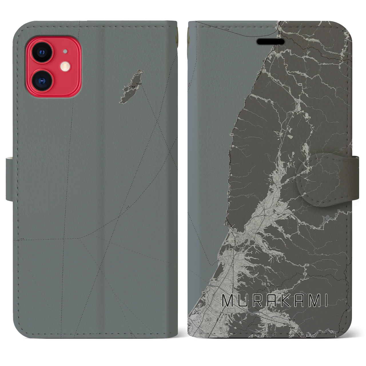 【村上(新潟県)】地図柄iPhoneケース(手帳タイプ)モノトーン・iPhone 11 用