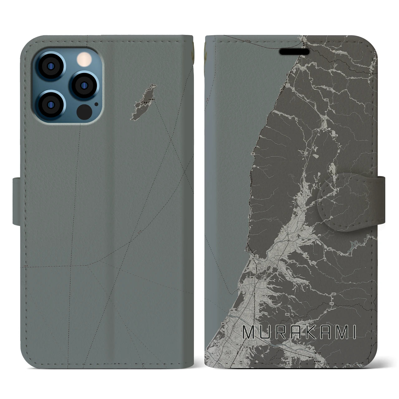 【村上(新潟県)】地図柄iPhoneケース(手帳タイプ)モノトーン・iPhone 12 / 12 Pro 用