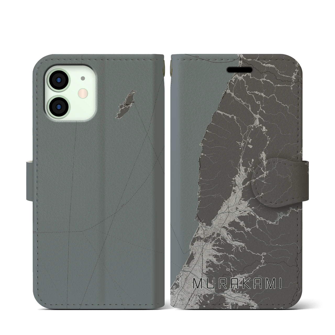 【村上(新潟県)】地図柄iPhoneケース(手帳タイプ)モノトーン・iPhone 12 mini 用