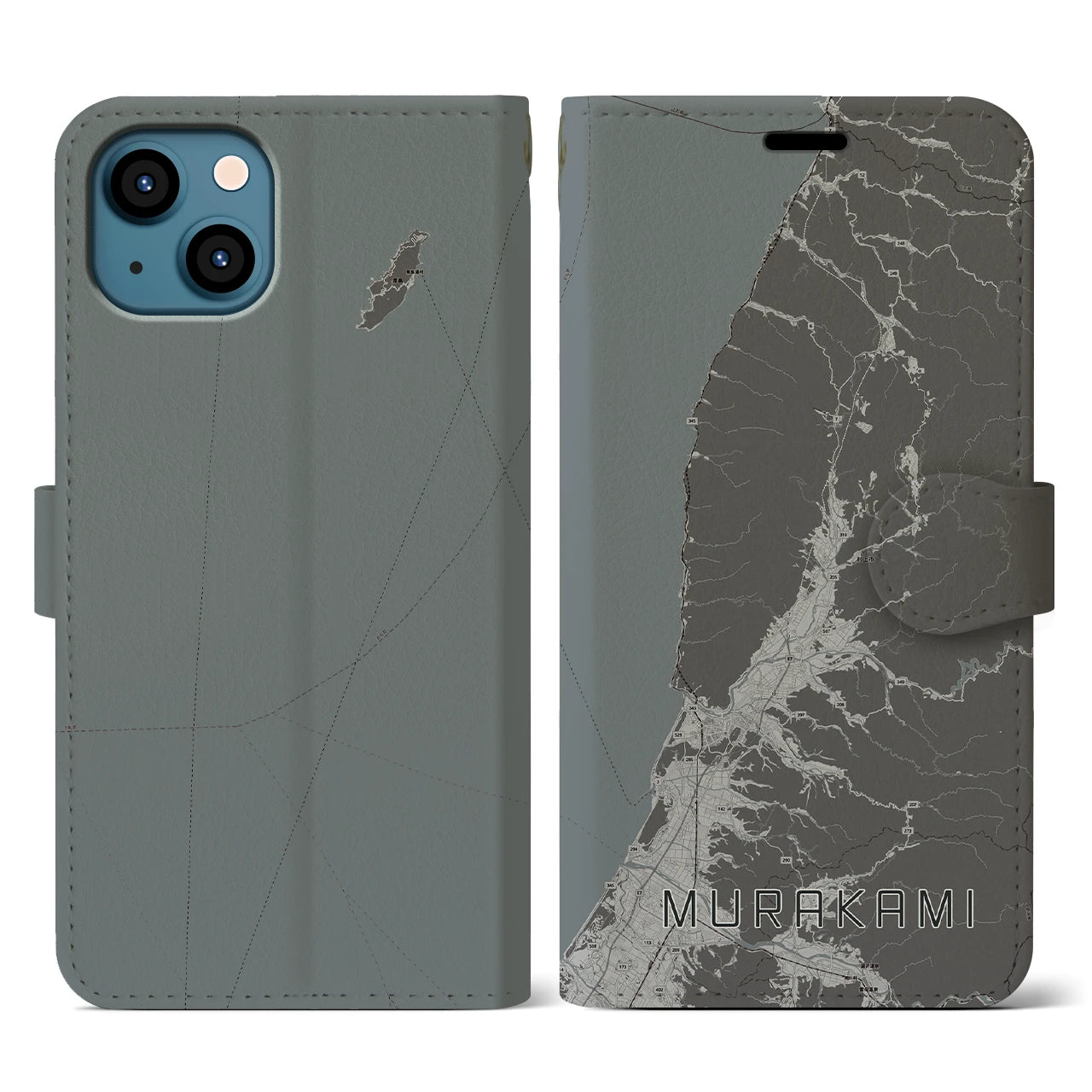 【村上(新潟県)】地図柄iPhoneケース(手帳タイプ)モノトーン・iPhone 13 用