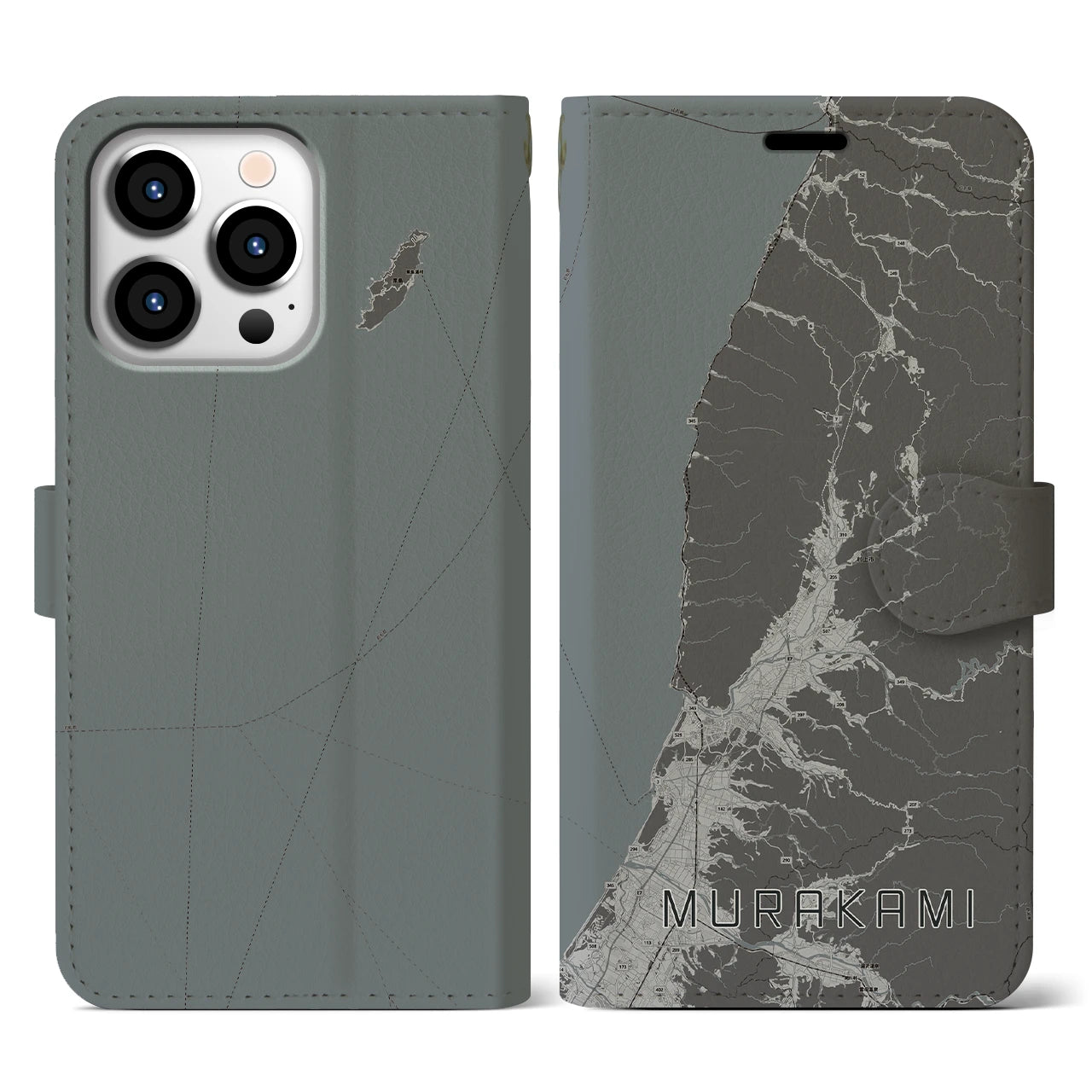 【村上(新潟県)】地図柄iPhoneケース(手帳タイプ)モノトーン・iPhone 13 Pro 用
