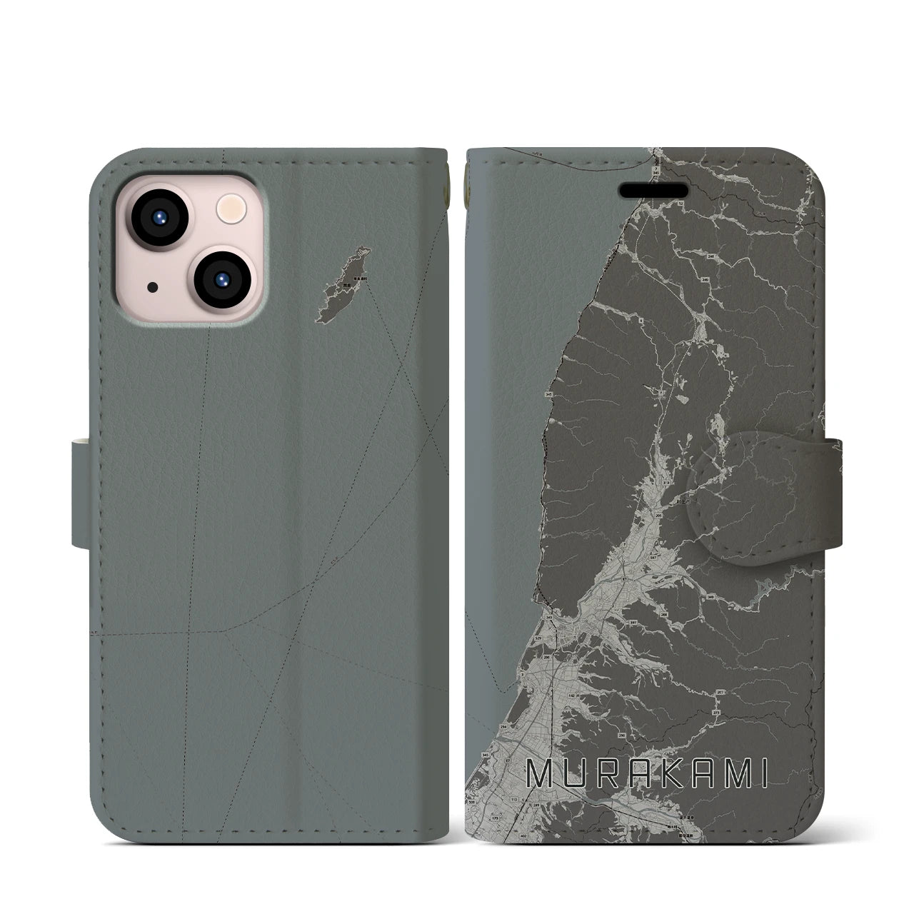 【村上(新潟県)】地図柄iPhoneケース(手帳タイプ)モノトーン・iPhone 13 mini 用