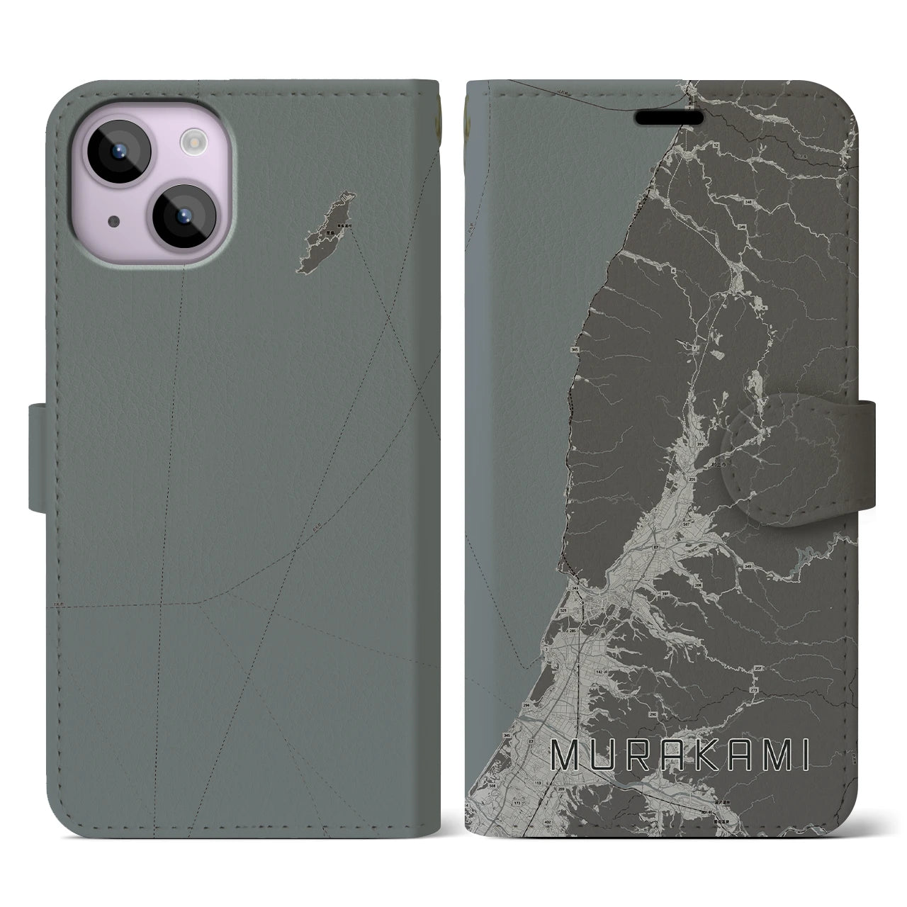 【村上(新潟県)】地図柄iPhoneケース(手帳タイプ)モノトーン・iPhone 14 用