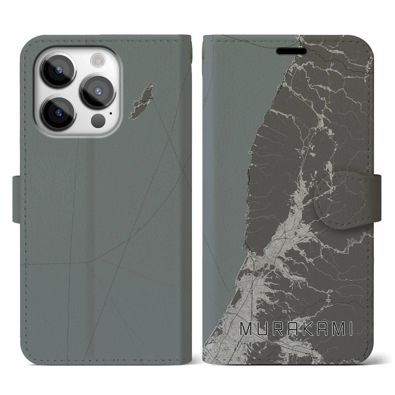 【村上(新潟県)】地図柄iPhoneケース(手帳タイプ)モノトーン・iPhone 14 Pro 用