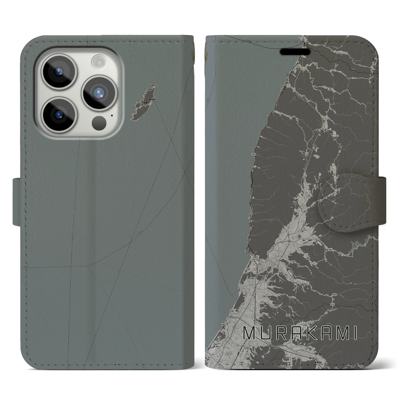 【村上(新潟県)】地図柄iPhoneケース(手帳タイプ)モノトーン・iPhone 15 Pro 用