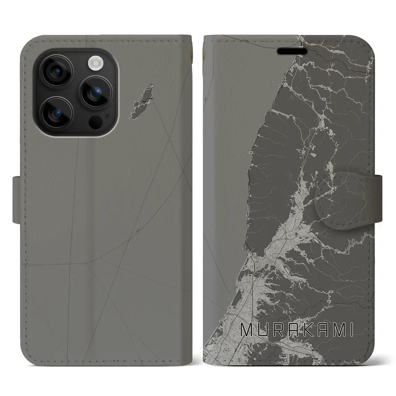 【村上(新潟県)】地図柄iPhoneケース(手帳タイプ)モノトーン・iPhone 16 用