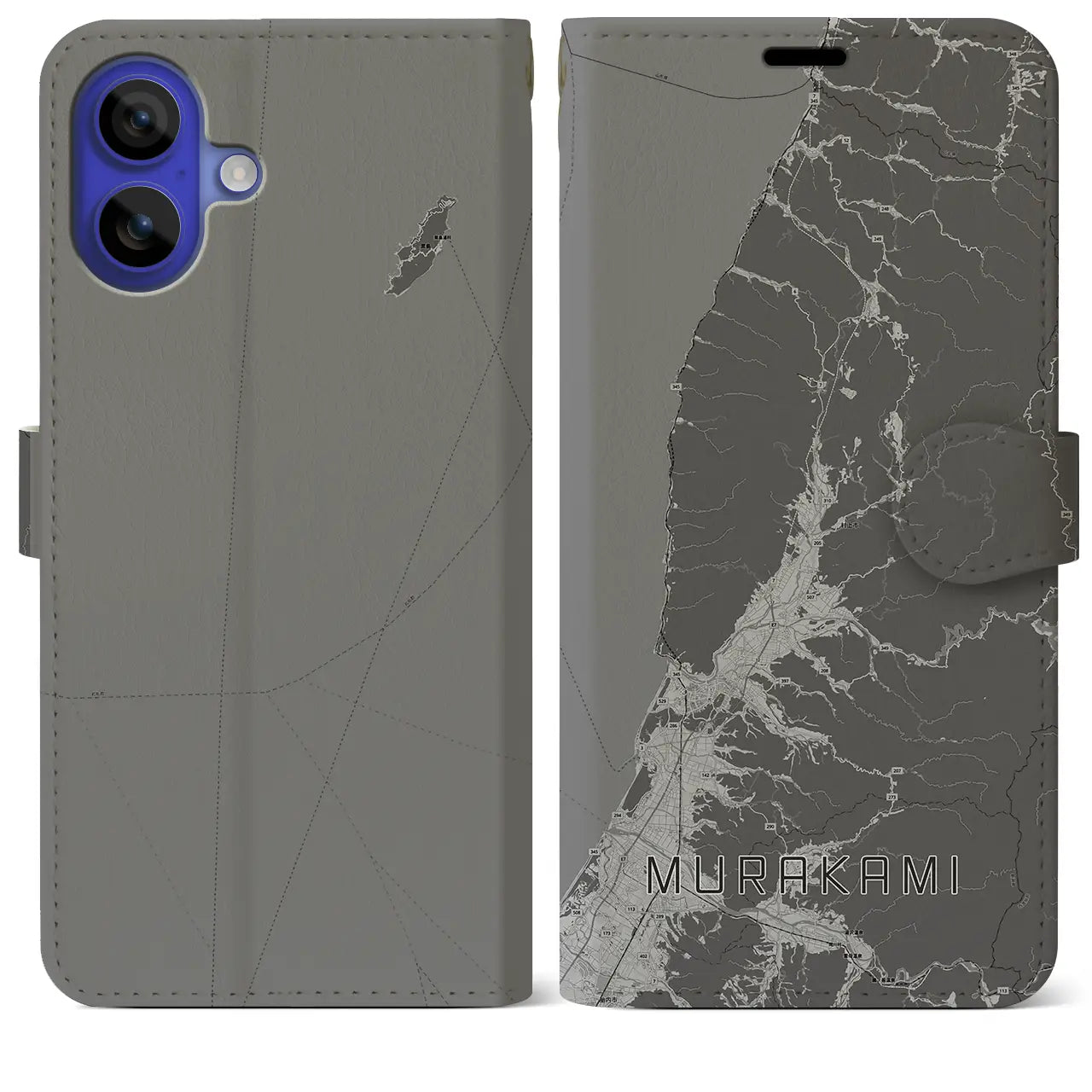 【村上(新潟県)】地図柄iPhoneケース(手帳タイプ)モノトーン・iPhone 16 Pro Max 用