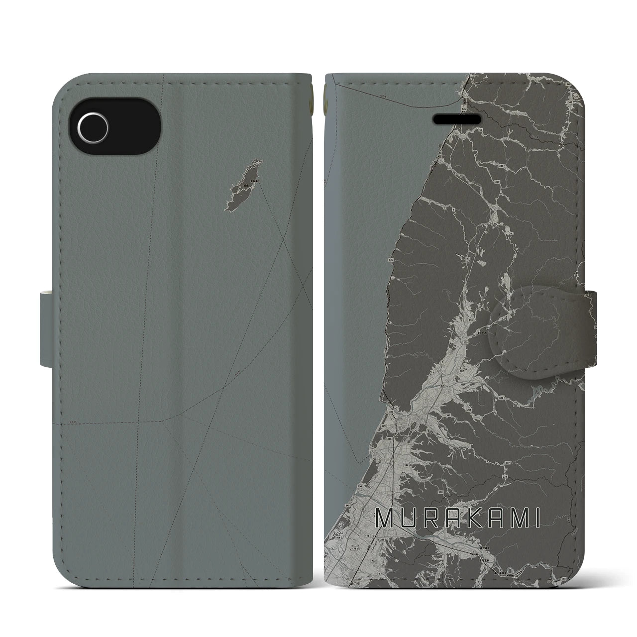 【村上(新潟県)】地図柄iPhoneケース(手帳タイプ)モノトーン・iPhone SE(第3 / 第2世代) / 8 / 7 / 6s / 6 用