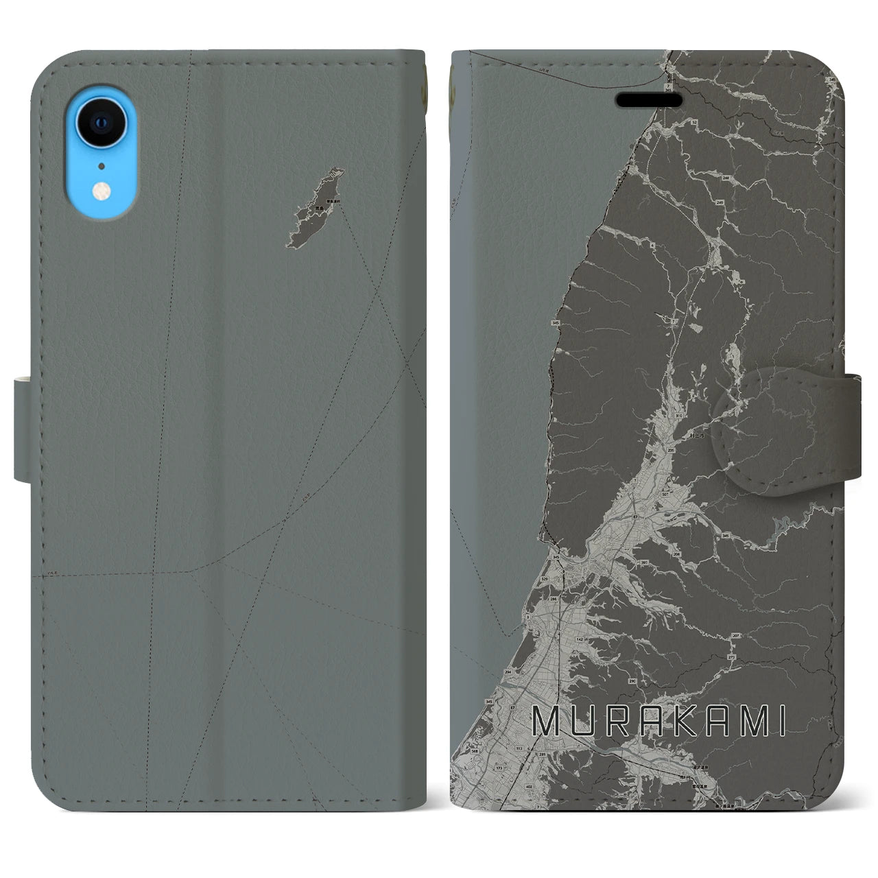 【村上(新潟県)】地図柄iPhoneケース(手帳タイプ)モノトーン・iPhone XR 用
