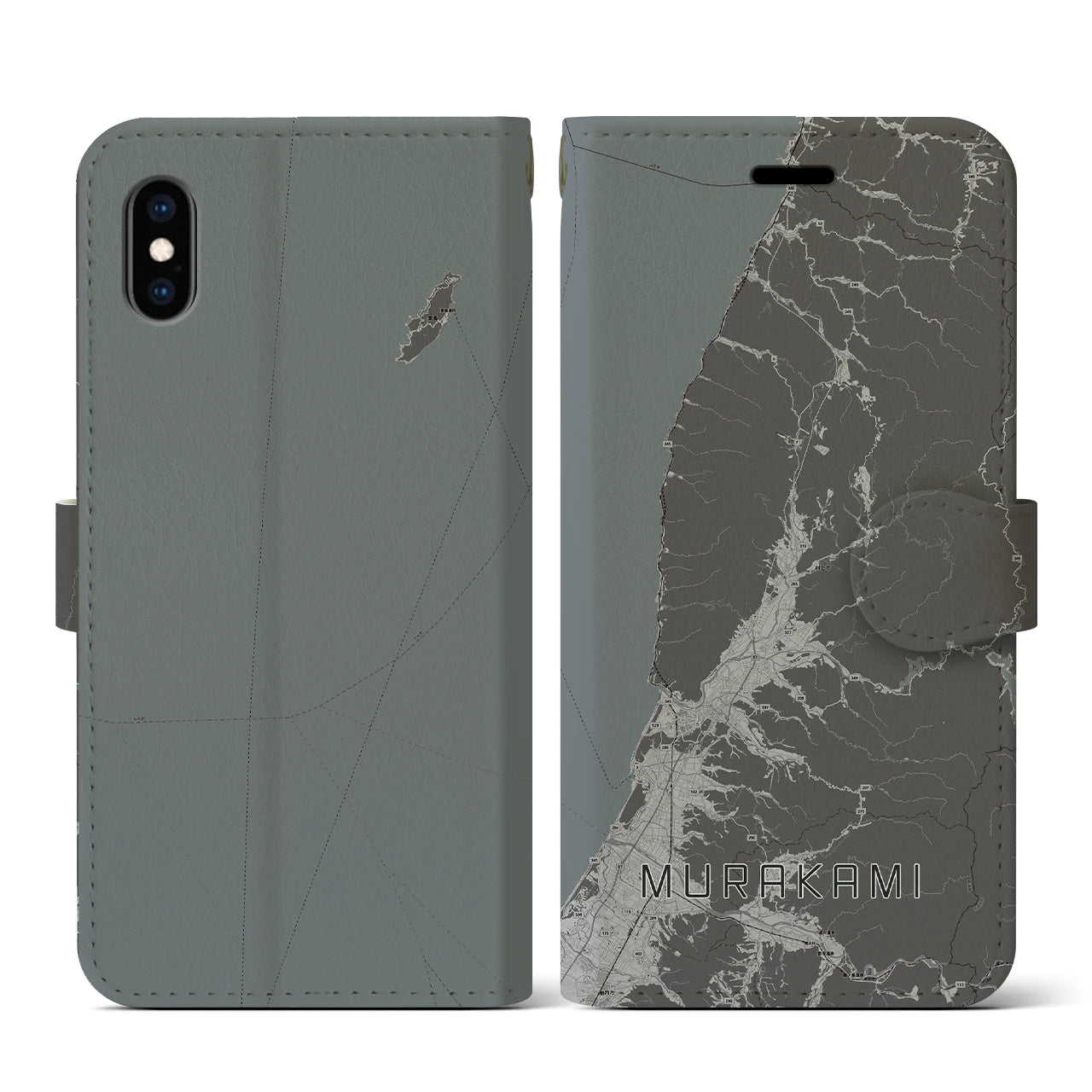 【村上(新潟県)】地図柄iPhoneケース(手帳タイプ)モノトーン・iPhone XS / X 用