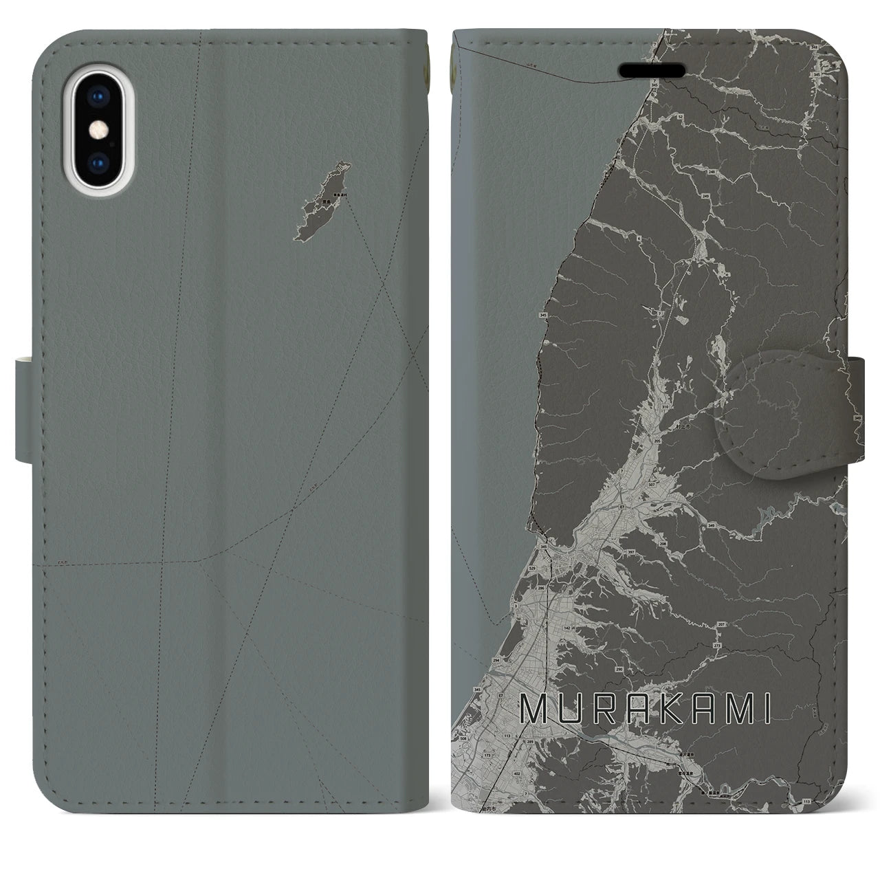【村上(新潟県)】地図柄iPhoneケース(手帳タイプ)モノトーン・iPhone XS Max 用