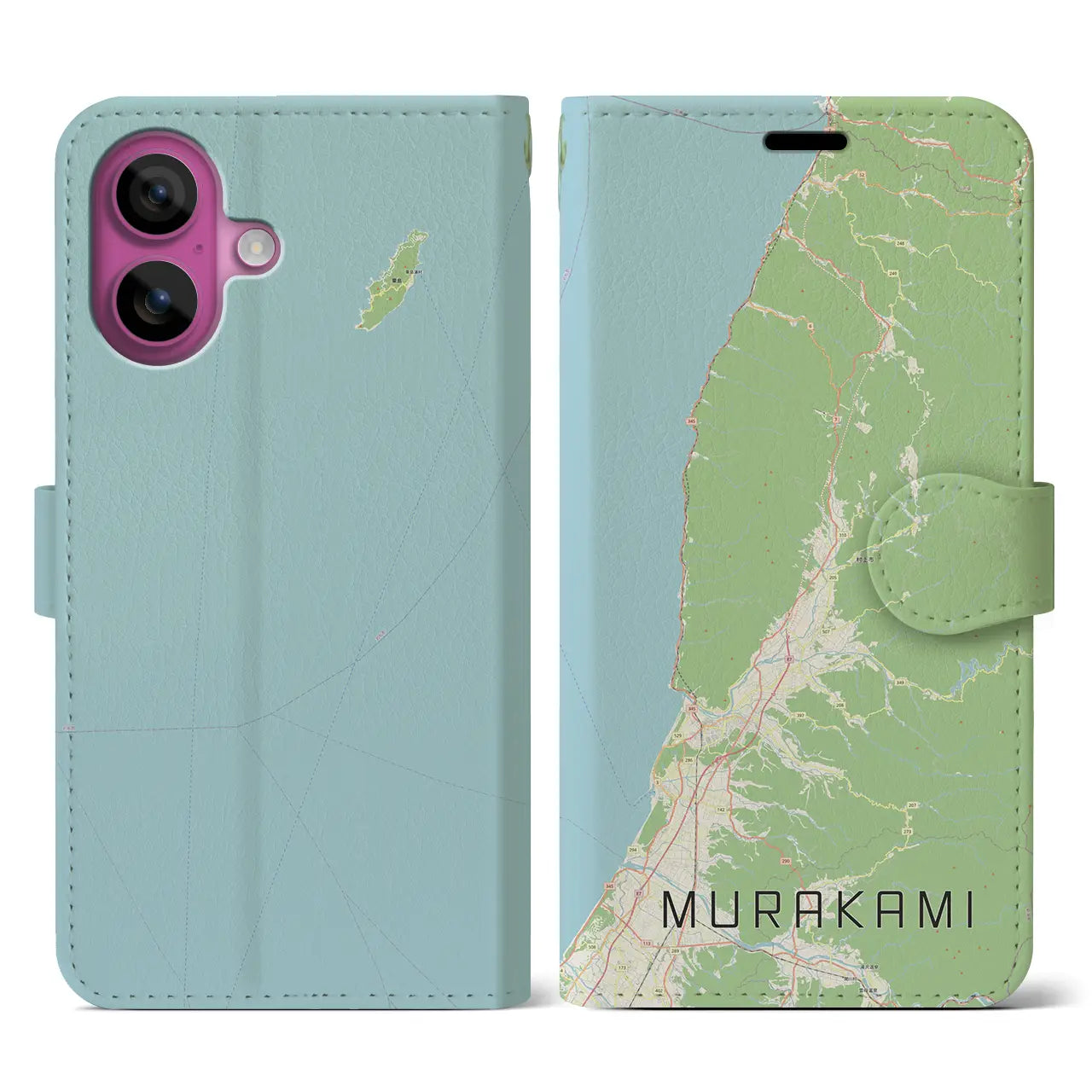 【村上(新潟県)】地図柄iPhoneケース(手帳タイプ)ナチュラル・iPhone 16 Pro 用