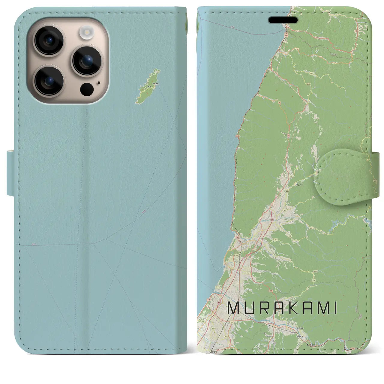【村上(新潟県)】地図柄iPhoneケース(手帳タイプ)ナチュラル・iPhone 16 Plus 用