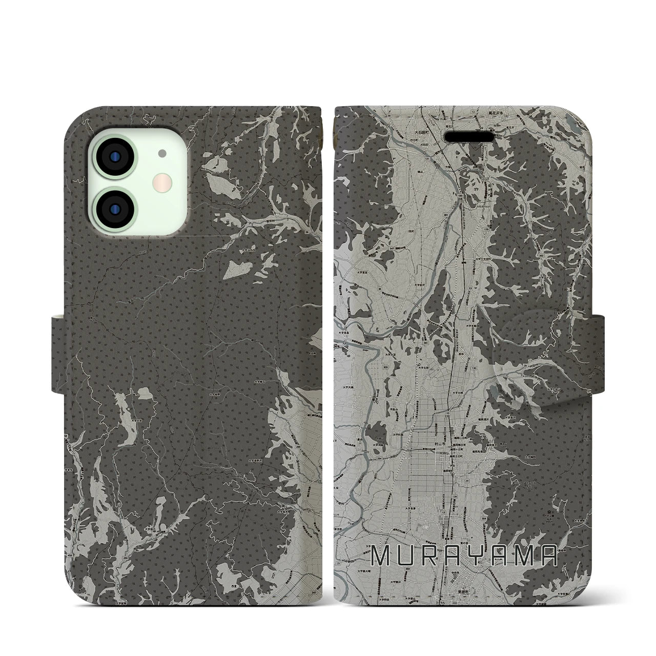【村山(山形県)】地図柄iPhoneケース(手帳タイプ)モノトーン・iPhone 12 mini 用