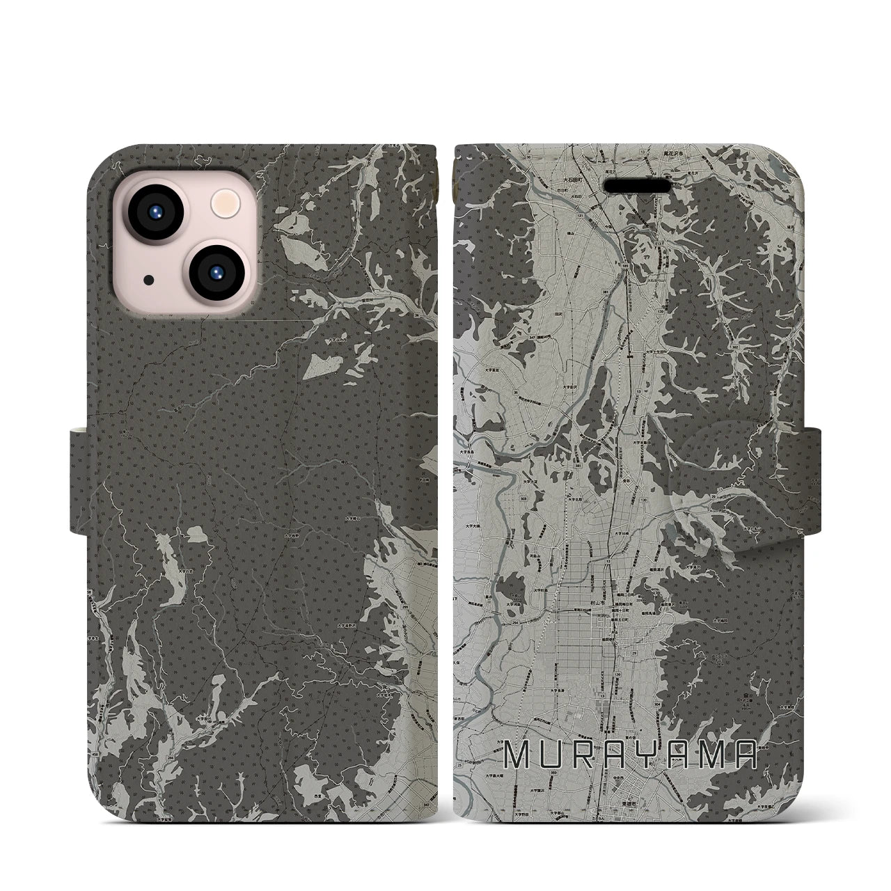【村山(山形県)】地図柄iPhoneケース(手帳タイプ)モノトーン・iPhone 13 mini 用
