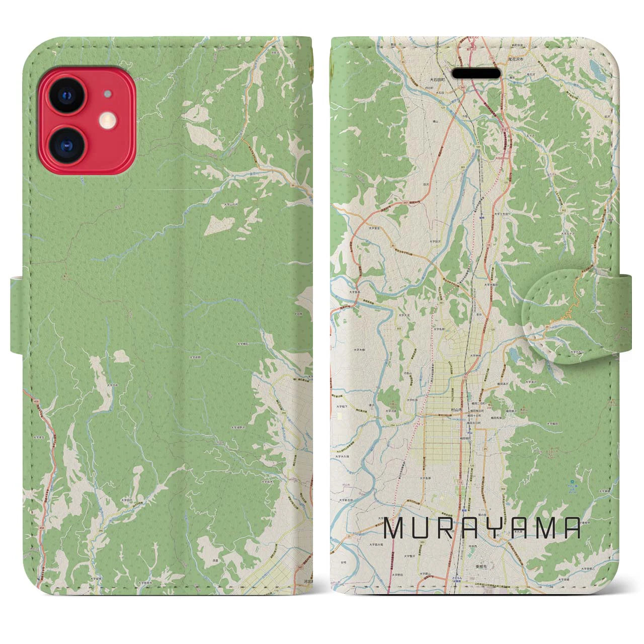 【村山(山形県)】地図柄iPhoneケース(手帳タイプ)ナチュラル・iPhone 11 用