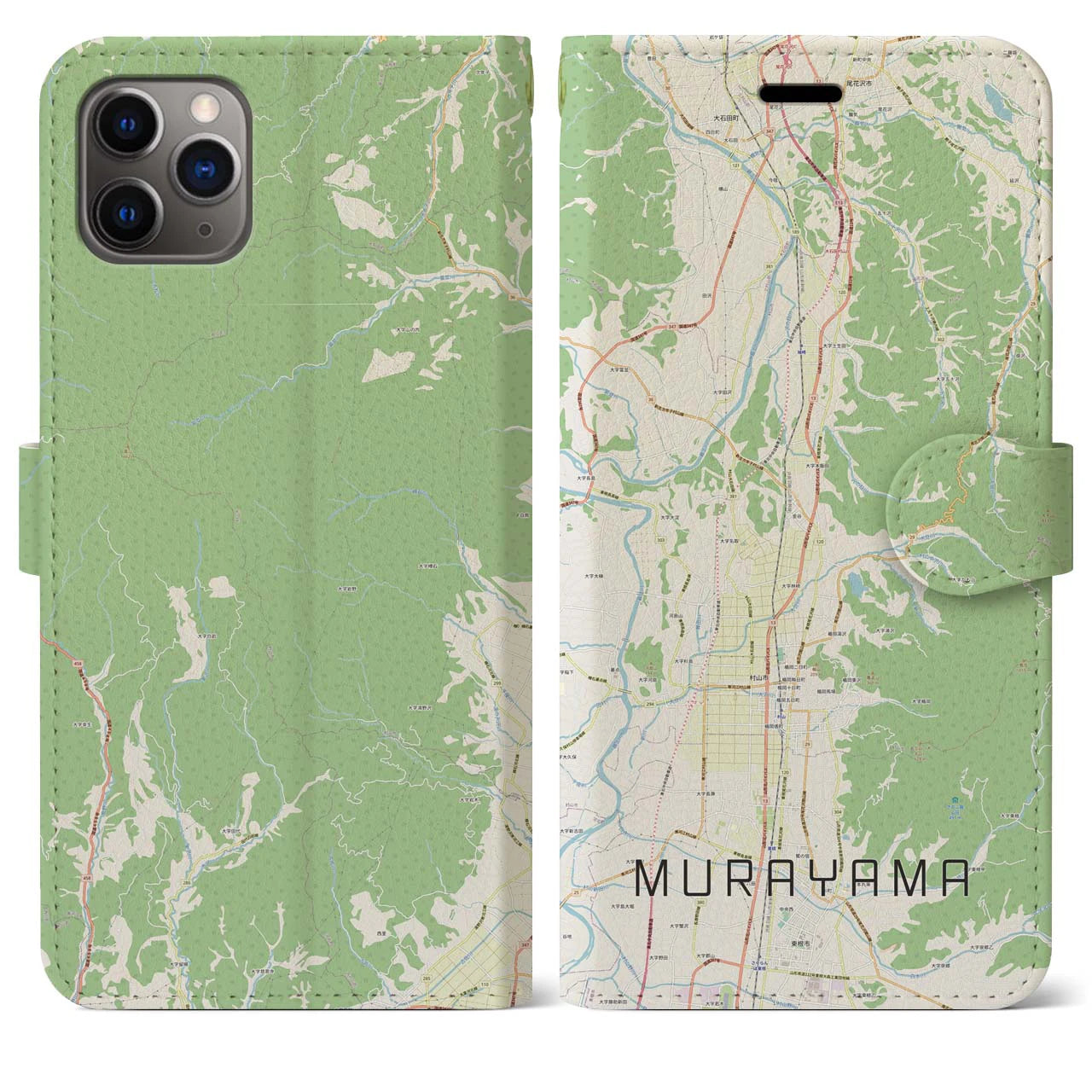 【村山(山形県)】地図柄iPhoneケース(手帳タイプ)ナチュラル・iPhone 11 Pro Max 用