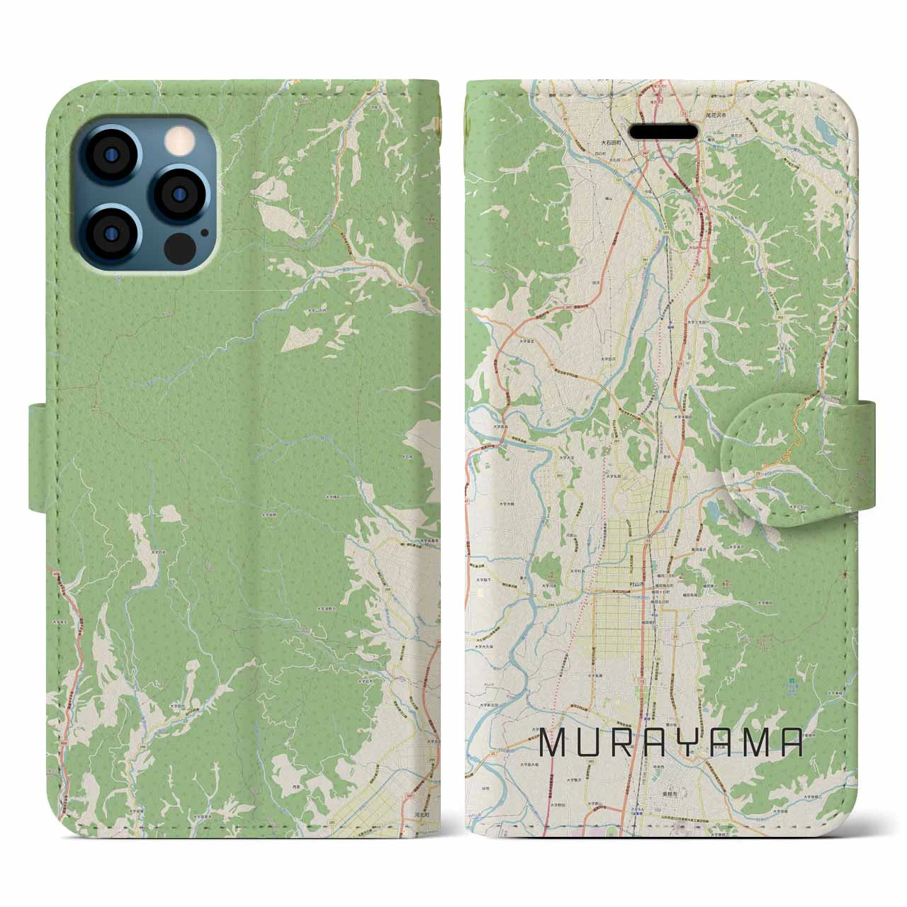 【村山(山形県)】地図柄iPhoneケース(手帳タイプ)ナチュラル・iPhone 12 / 12 Pro 用