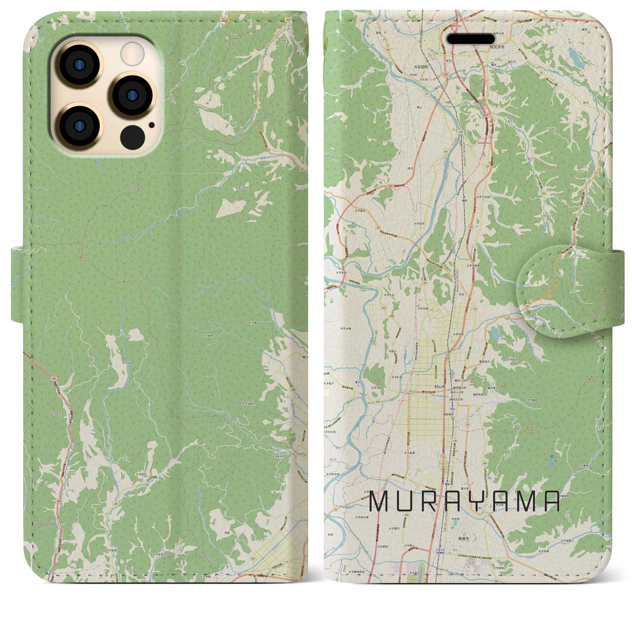 【村山(山形県)】地図柄iPhoneケース(手帳タイプ)ナチュラル・iPhone 12 Pro Max 用