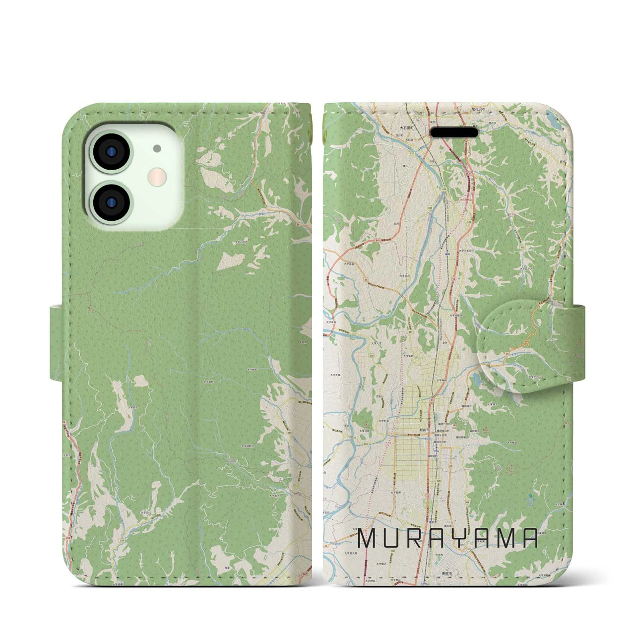 【村山(山形県)】地図柄iPhoneケース(手帳タイプ)ナチュラル・iPhone 12 mini 用