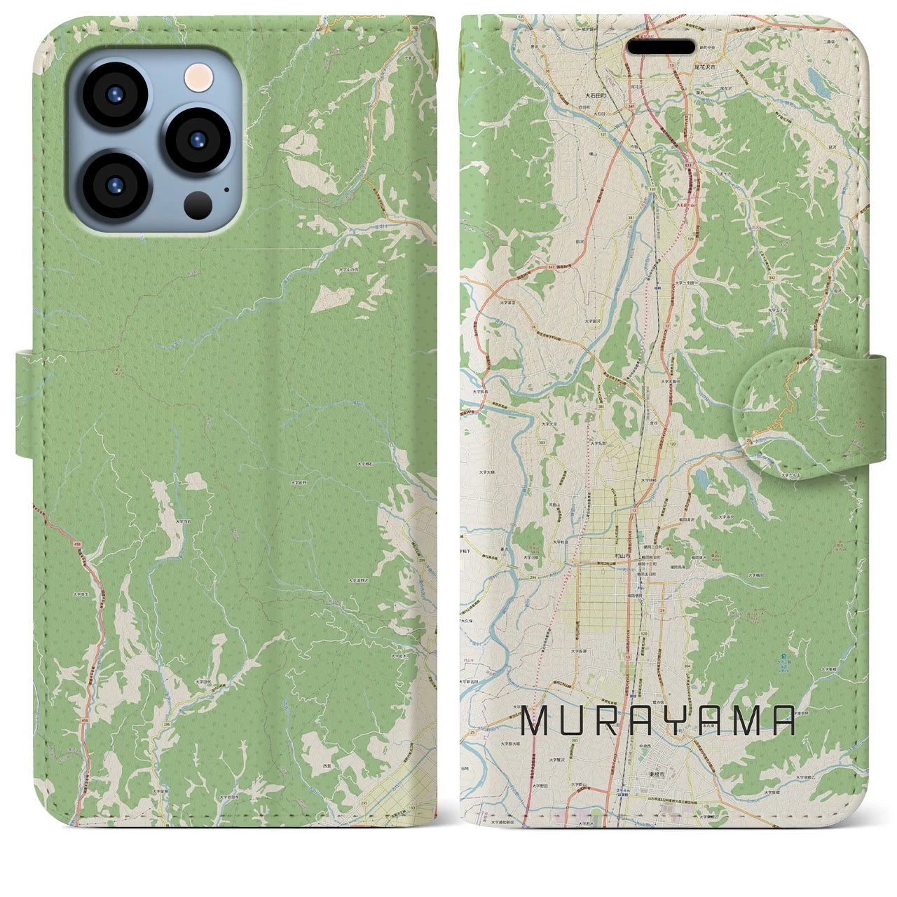 【村山(山形県)】地図柄iPhoneケース(手帳タイプ)ナチュラル・iPhone 13 Pro Max 用
