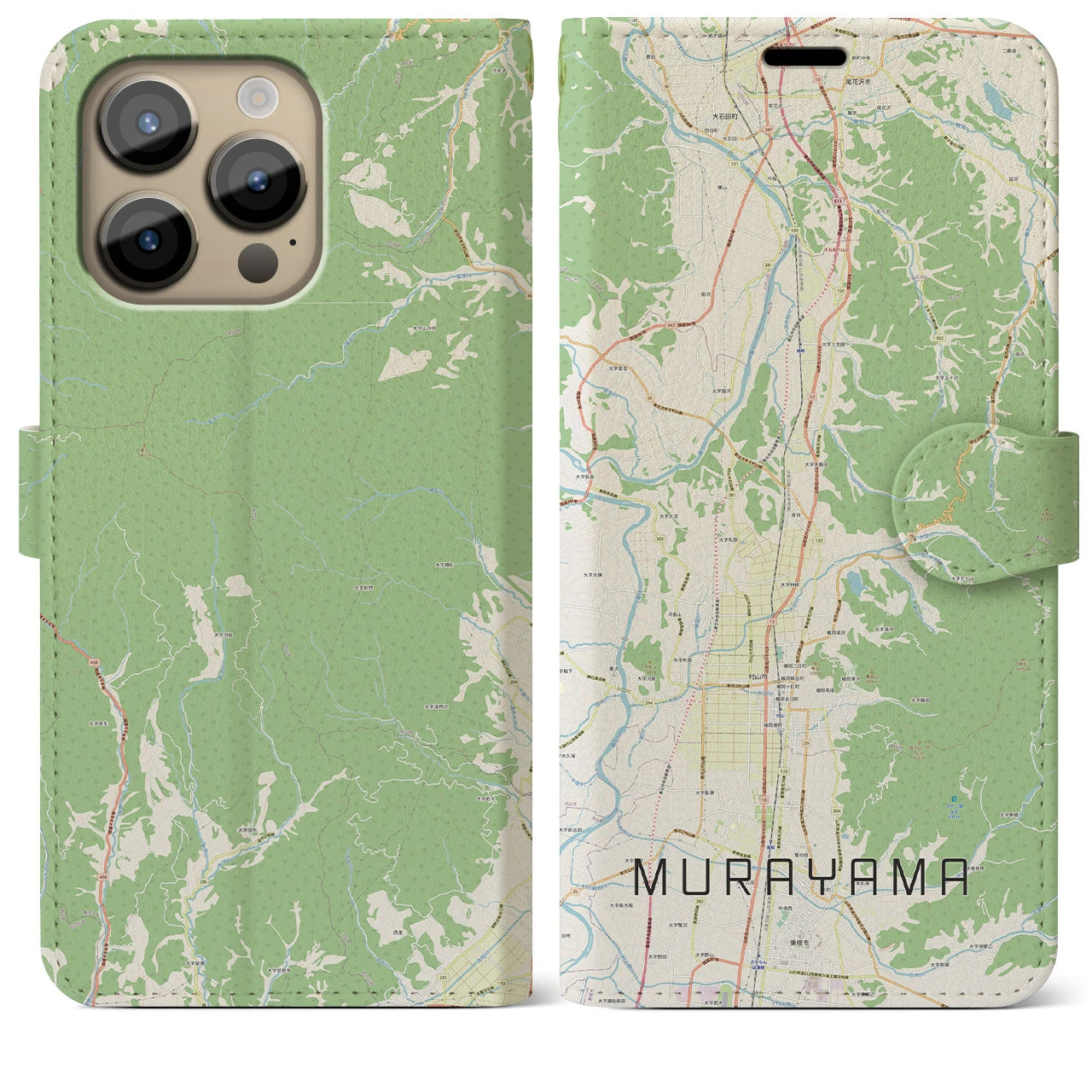 【村山(山形県)】地図柄iPhoneケース(手帳タイプ)ナチュラル・iPhone 14 Pro Max 用