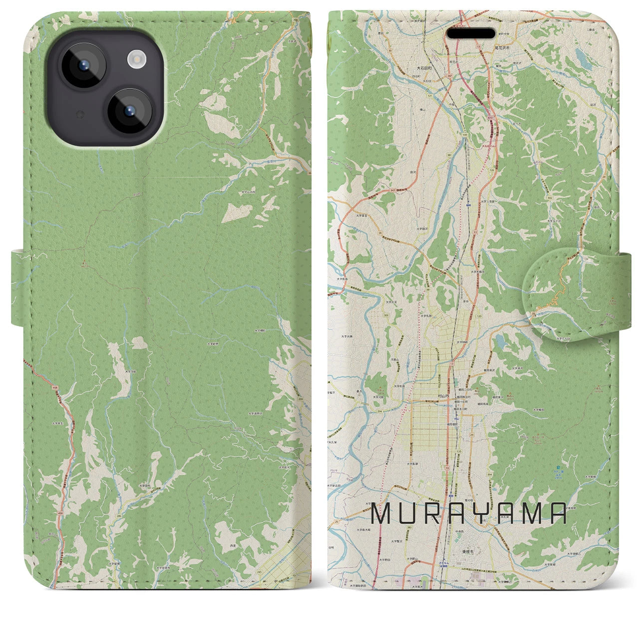 【村山(山形県)】地図柄iPhoneケース(手帳タイプ)ナチュラル・iPhone 14 Plus 用