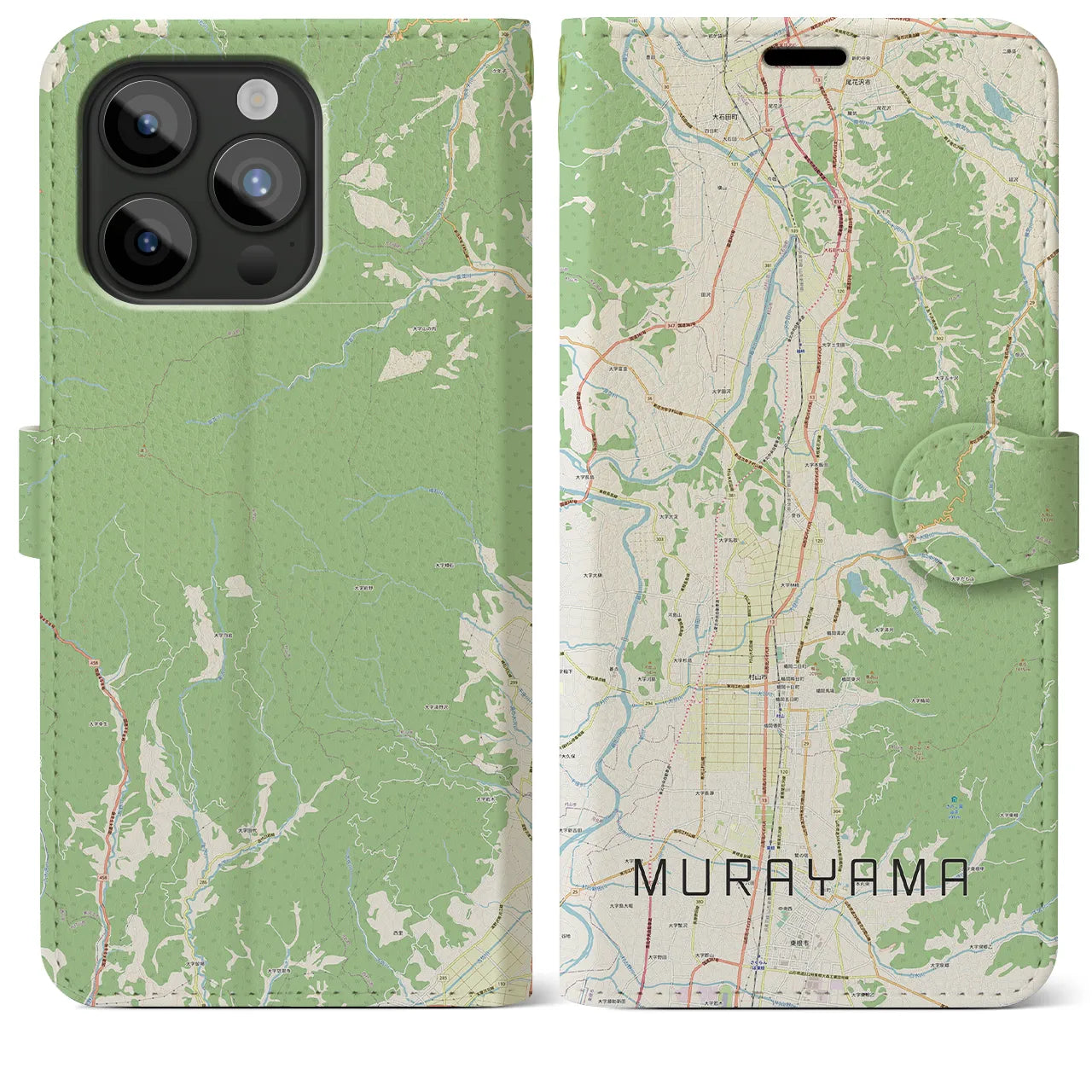 【村山(山形県)】地図柄iPhoneケース(手帳タイプ)ナチュラル・iPhone 15 Pro Max 用