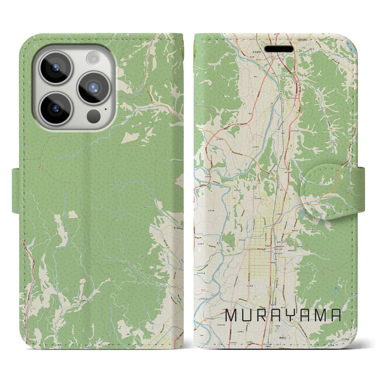 【村山(山形県)】地図柄iPhoneケース(手帳タイプ)ナチュラル・iPhone 15 Pro 用