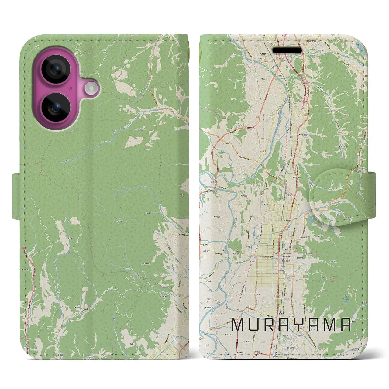 【村山(山形県)】地図柄iPhoneケース(手帳タイプ)ナチュラル・iPhone 16 Pro 用