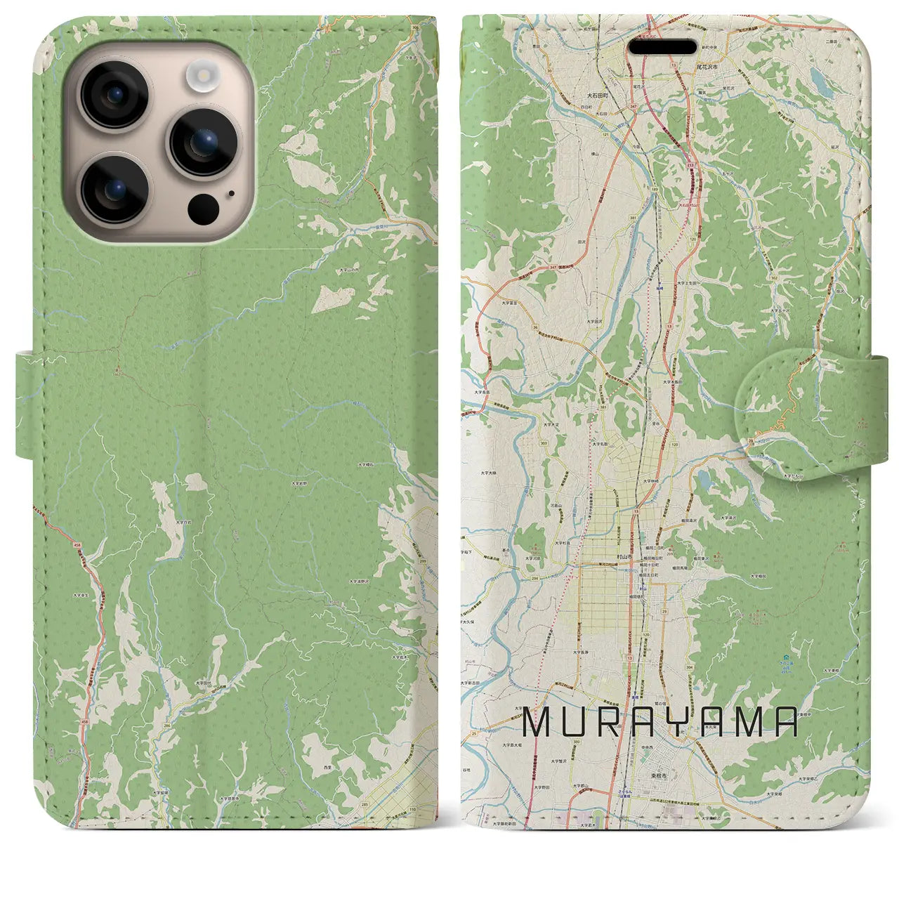 【村山(山形県)】地図柄iPhoneケース(手帳タイプ)ナチュラル・iPhone 16 Plus 用