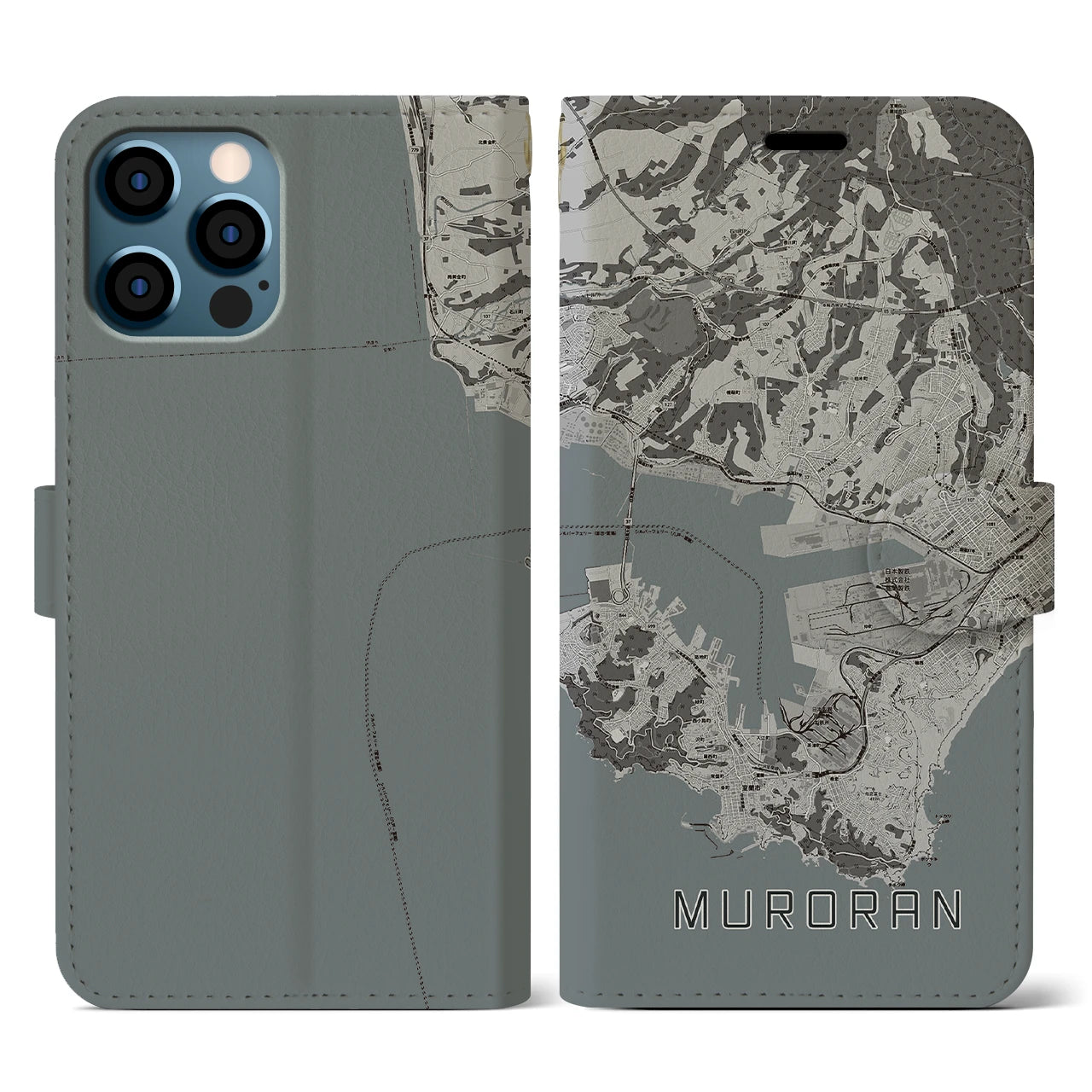 【室蘭(北海道)】地図柄iPhoneケース(手帳タイプ)モノトーン・iPhone 12 / 12 Pro 用
