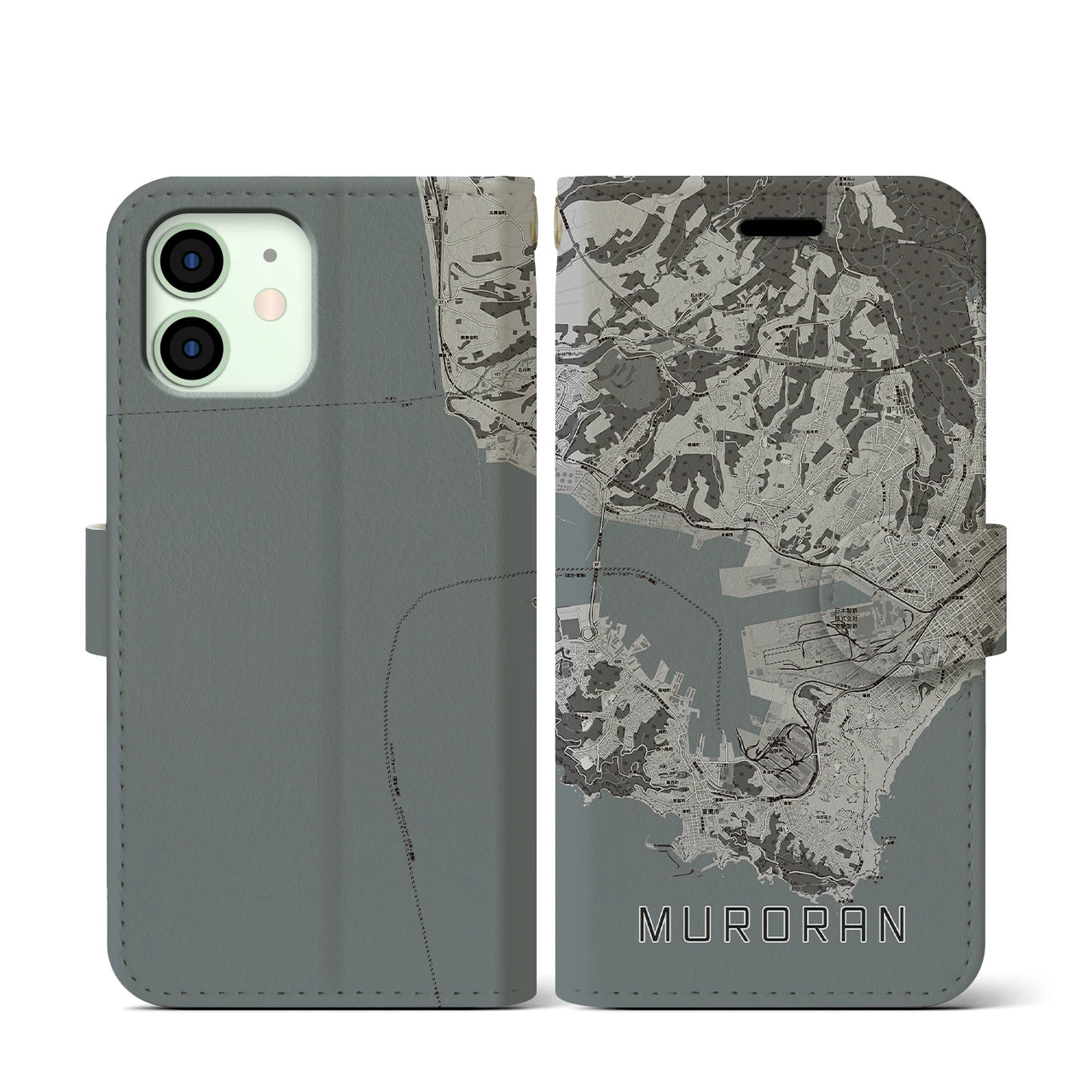 【室蘭(北海道)】地図柄iPhoneケース(手帳タイプ)モノトーン・iPhone 12 mini 用