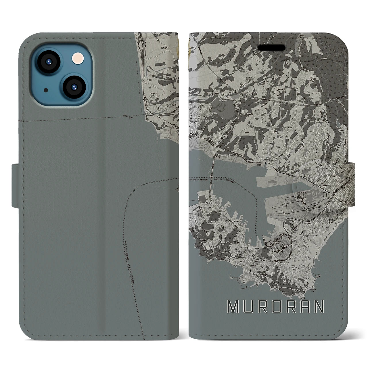 【室蘭(北海道)】地図柄iPhoneケース(手帳タイプ)モノトーン・iPhone 13 用
